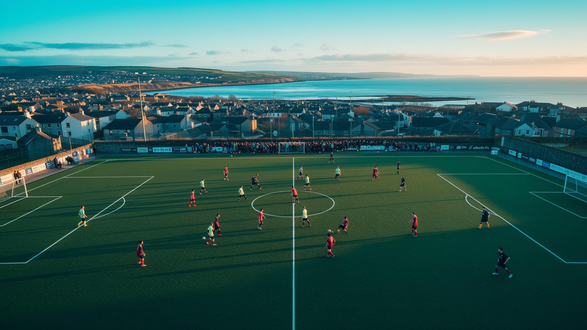Players on a football pitch in Dublin at golden hour